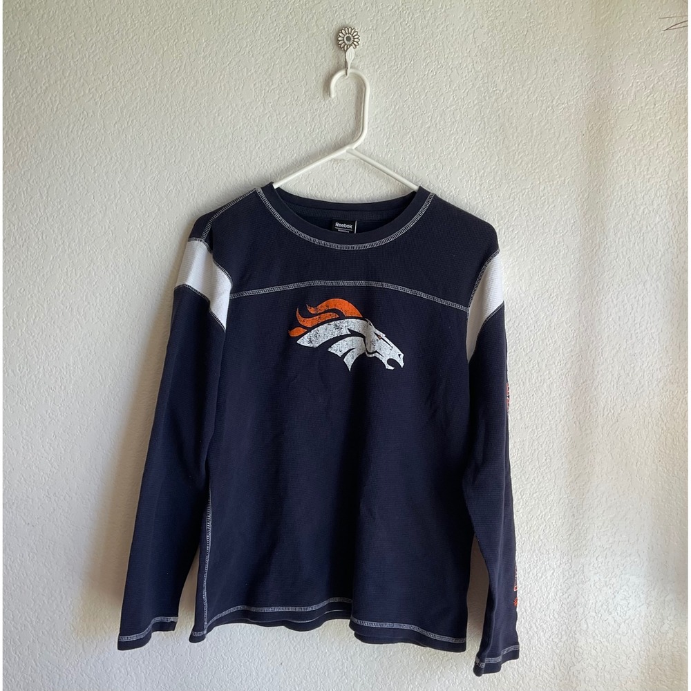 Reebok Denver Broncos Womens XL Navy Blue Waffle Knit Thermal Long Sleeve Shirt
